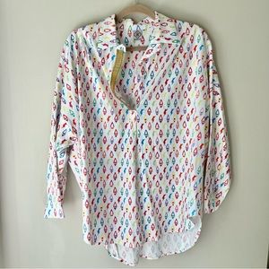 Sheridan French | Multicolor Ikat Beaded Split Neck Blouse Tunic Top